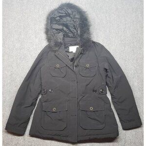 Banana Republic Jacket Coat Parka Womens S Black Full Zip Faux Fur Trim New